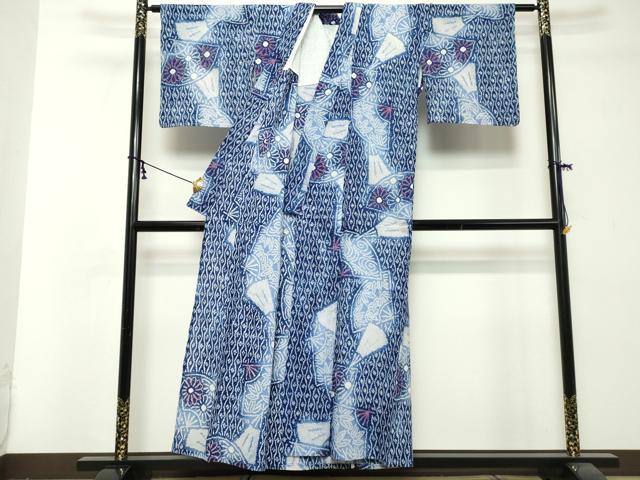 平和屋着物∴夏物 浴衣 有松鳴海絞り 立涌扇面花文 綿 逸品 未使用 DABI8683cd