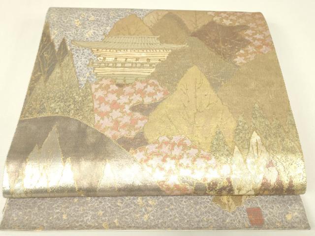 平和屋着物▼太鼓柄袋帯 作家物 螺鈿箔 名所風景樹林文 金彩 正絹 逸品 DABH6970az