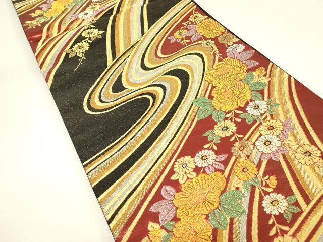 平和屋着物▼六通柄袋帯 流水花文 黒地 金銀糸 正絹 逸品 DABJ1002az