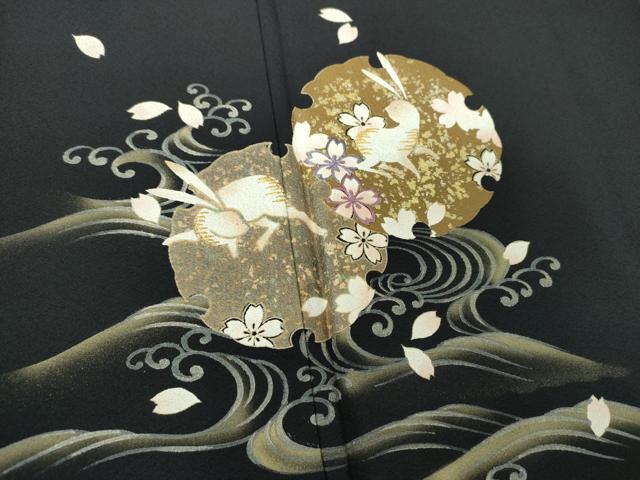 平和屋着物●訪問着 刺繍 雪輪桜 立波に兎 黒地 金銀彩 正絹 逸品 DABI6224ps