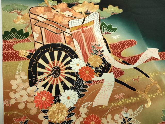 平和屋着物●京友禅の第一人者 松井青々 黒留袖 駒刺繍 御所車流水花文 暈し染め 金彩 正絹 逸品 DABI6227ps