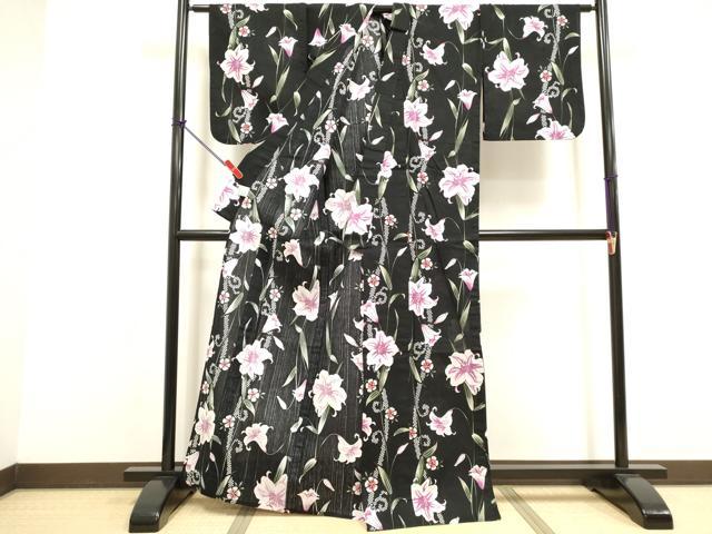 平和屋着物∴夏物 浴衣 注染 草花文 百合 撫子 黒地 綿 逸品 DABI8765cd