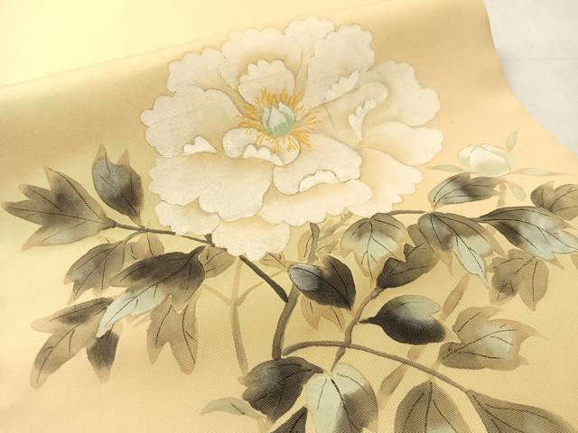 平和屋着物●塩瀬 九寸開き名古屋帯 手描き 枝牡丹 正絹 逸品 CABK4792vp