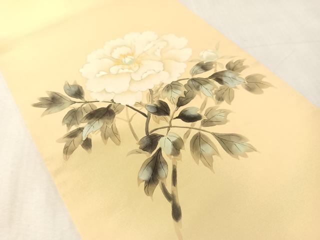 平和屋着物●塩瀬 九寸開き名古屋帯 手描き 枝牡丹 正絹 逸品 CABK4792vp