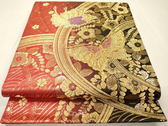 平和屋着物▼六通柄袋帯 辻が花 舞蝶花文 金糸 鈴乃屋扱い 正絹 逸品 DABI7181fe