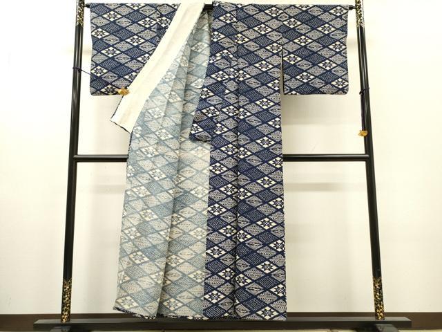 平和屋着物▽上質な小紋 単衣 藍 型染 花菱 お召縮緬 正絹 逸品 DABI7279fe