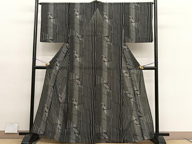 平和屋着物*夏物 小紋 紗 幾何学文様 黒地 洗える着物 BAAY4211hv