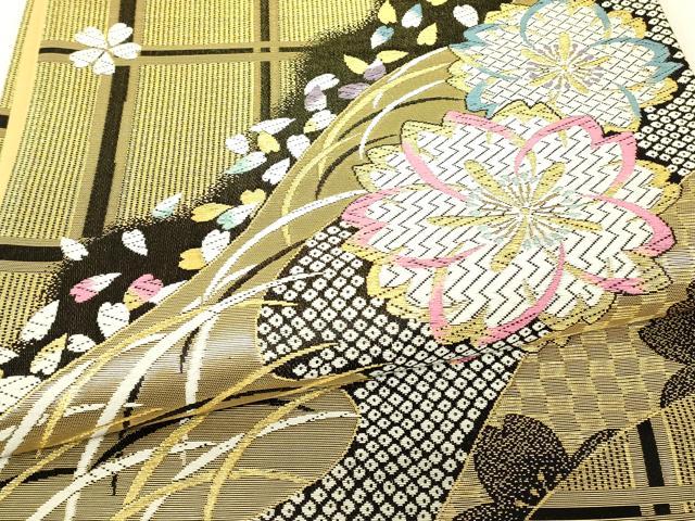 平和屋着物▼六通柄袋帯 唐織 格子舞桜文 金糸 正絹 逸品 DABJ1138az