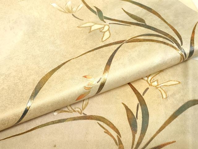 平和屋着物▼九寸名古屋帯 螺鈿 草花文 金彩 引箔 正絹 逸品 DABJ1213az