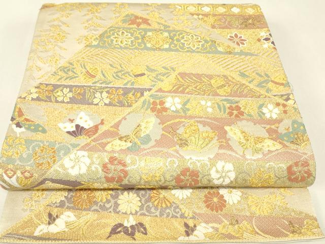 平和屋着物▼六通柄袋帯 宝尽くし花蝶文 金糸 正絹 逸品 DABJ1243az