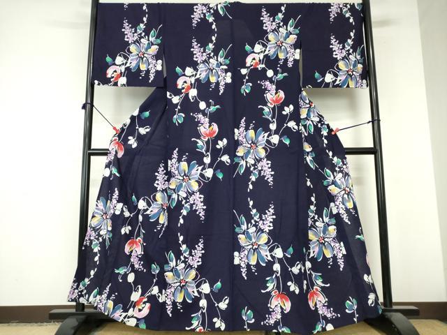 平和屋着物∴夏物 浴衣 注染 枝花文 綿 逸品 DABI8932cd