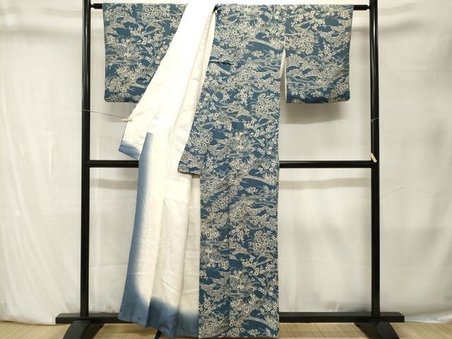 平和屋着物■上質な小紋 藍 型染め 流水草花文 鬼しぼ縮緬 正絹 逸品 CABK4044ev