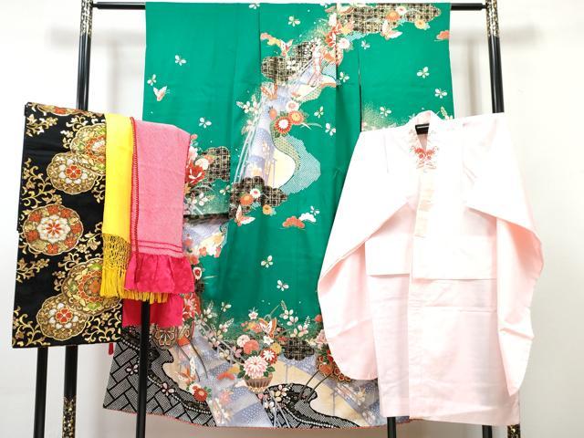 平和屋着物∵女の子 十三参り 子供 祝着・長襦袢(無双仕立て)・袋帯・小物セット 駒刺繍 渡橋舞蝶花車文 金彩 逸品 DABG3308ma