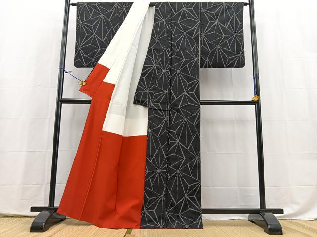 平和屋着物■上質な紬 変わり麻の葉文様 黒地 正絹 逸品 BAAX9999yc