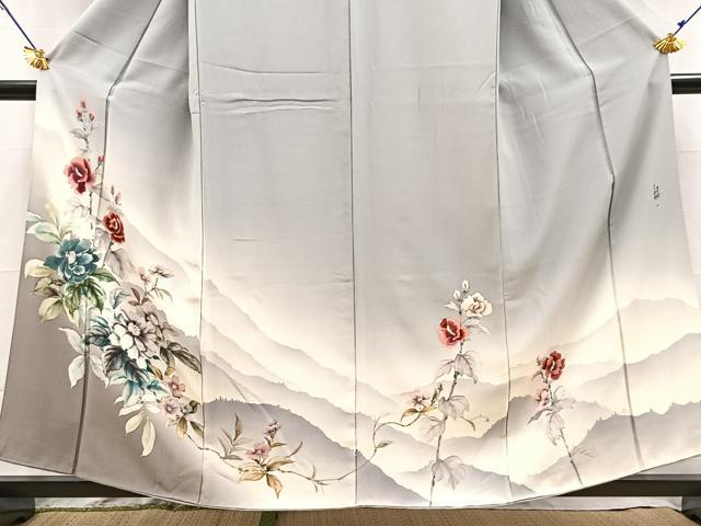 平和屋着物●藍墨作家 木田慎一 色留袖 手描き 遠山花文 暈し染め 正絹 逸品 BAAY5404yc