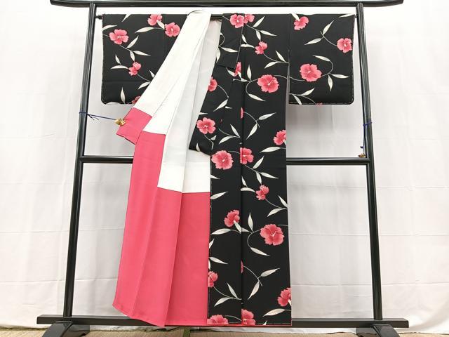 平和屋着物■上質な小紋 舞花文 黒地 正絹 逸品 BAAY5422yc