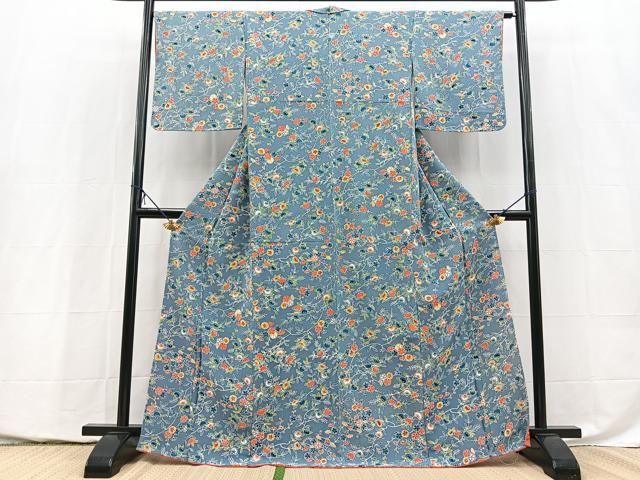 平和屋着物●上質な小紋 型染め 草花文 鬼しぼ縮緬 正絹 逸品 未使用 BAAY5435yc