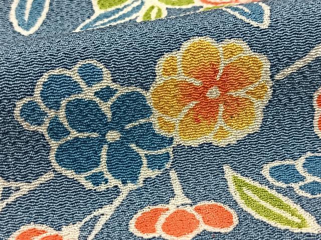 平和屋着物●上質な小紋 型染め 草花文 鬼しぼ縮緬 正絹 逸品 未使用 BAAY5435yc
