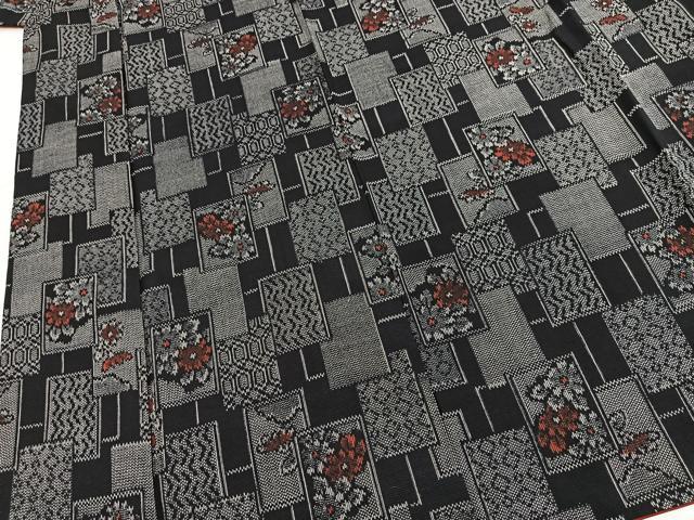 平和屋着物■上質な紬 アンサンブル 色紙重ね花文 黒地 正絹 逸品 BAAY5454yc