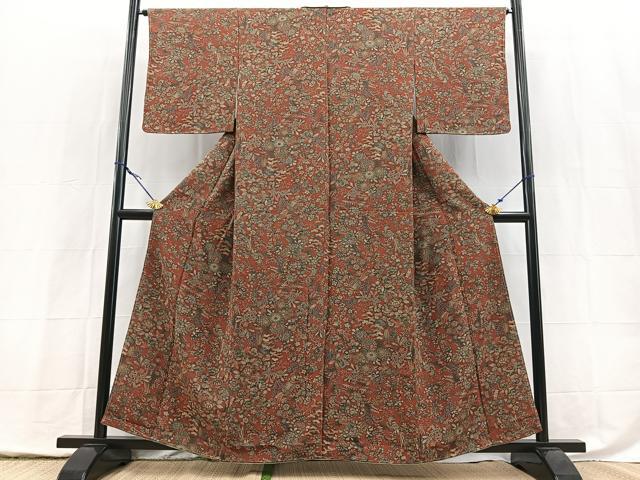 平和屋着物■上質な小紋 更紗花鳥文 鬼しぼ縮緬 正絹 逸品 未使用 BAAY5457yc