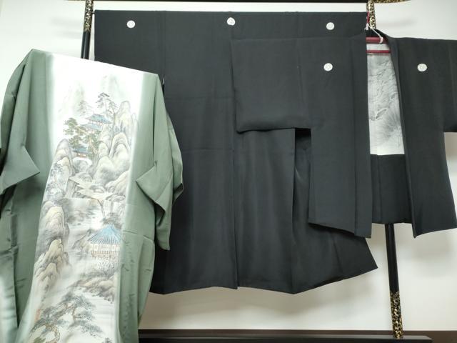 平和屋着物●男性 黒紋付 羽織・長襦袢(袷)セット 羽裏:松文 阪急百貨店扱い 正絹 逸品 DABI9123ud