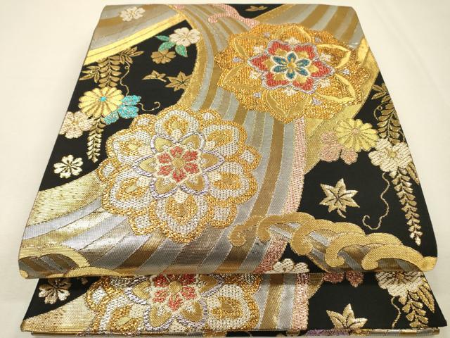 平和屋着物▼六通柄袋帯 立波正倉院花文 黒地 金銀糸 正絹 逸品 DABI7530fe