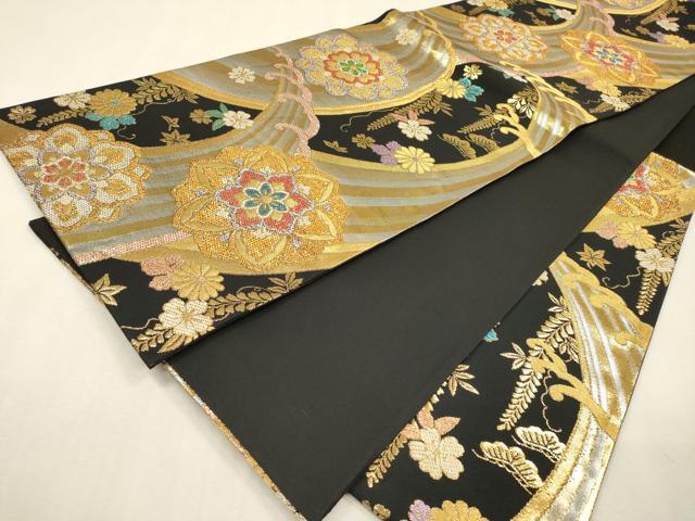 平和屋着物▼六通柄袋帯 立波正倉院花文 黒地 金銀糸 正絹 逸品 DABI7530fe