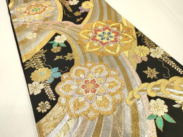 平和屋着物▼六通柄袋帯 立波正倉院花文 黒地 金銀糸 正絹 逸品 DABI7530fe
