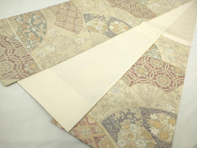 平和屋着物◎六通柄袋帯 扇面吉祥花文 松竹梅 金糸 正絹 逸品 DABJ4116cd