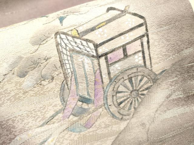 平和屋着物▼両面 太鼓柄袋帯 手描き 源氏千年物語 金彩 銀通し地 正絹 逸品 DABI7638fe