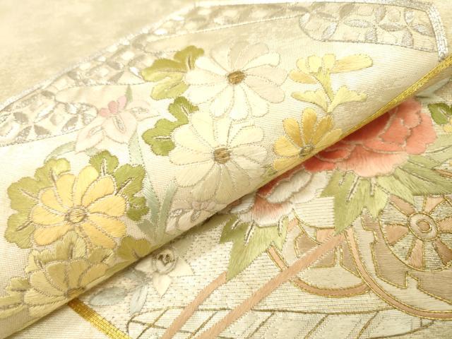 平和屋着物▼太鼓柄袋帯 駒刺繍 総刺繍 亀甲花車文 金銀糸 正絹 逸品 DABI7677fe
