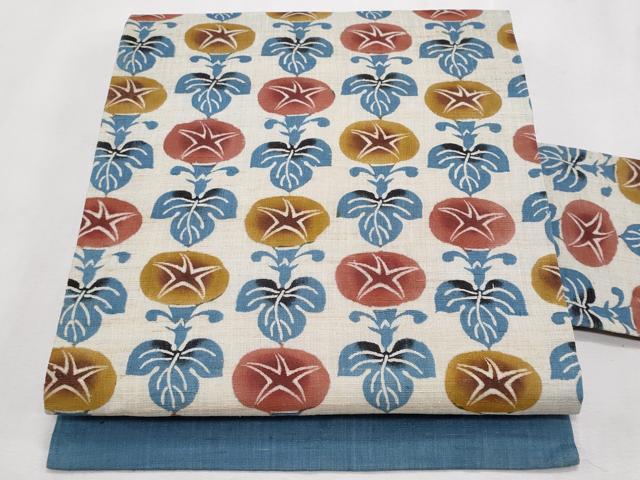 平和屋着物*夏物 九寸名古屋帯 型染め 朝顔 麻 逸品 CABL2145fb