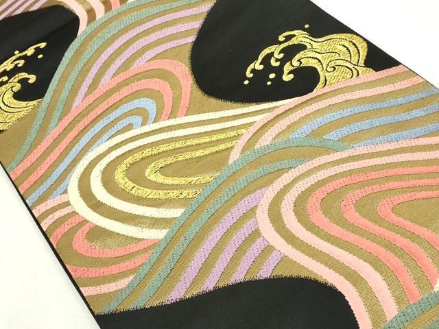 平和屋着物◎六通柄袋帯 唐織 荒波文 黒地 金糸 正絹 逸品 DABJ4167cd