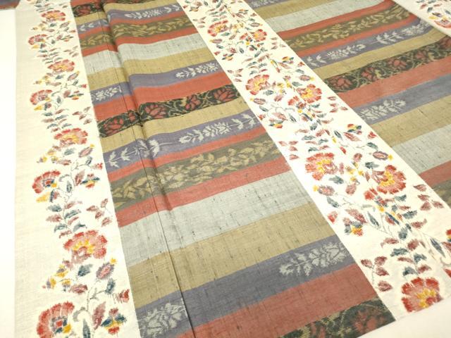 平和屋着物▽小千谷紬 単衣 更紗花間道 正絹 逸品 DABJ1352az