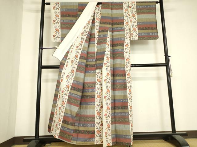 平和屋着物▽小千谷紬 単衣 更紗花間道 正絹 逸品 DABJ1352az
