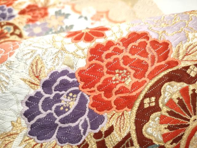 平和屋本店▼六通柄袋帯 唐織 桧扇能衣花車文 本金箔 正絹 逸品 CABL4884hy