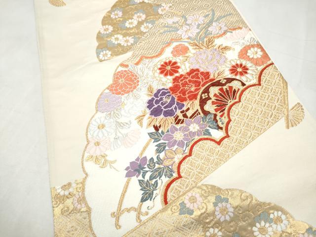 平和屋本店▼六通柄袋帯 唐織 桧扇能衣花車文 本金箔 正絹 逸品 CABL4884hy
