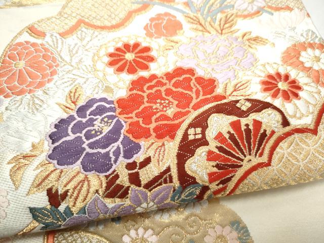 平和屋本店▼六通柄袋帯 唐織 桧扇能衣花車文 本金箔 正絹 逸品 CABL4884hy