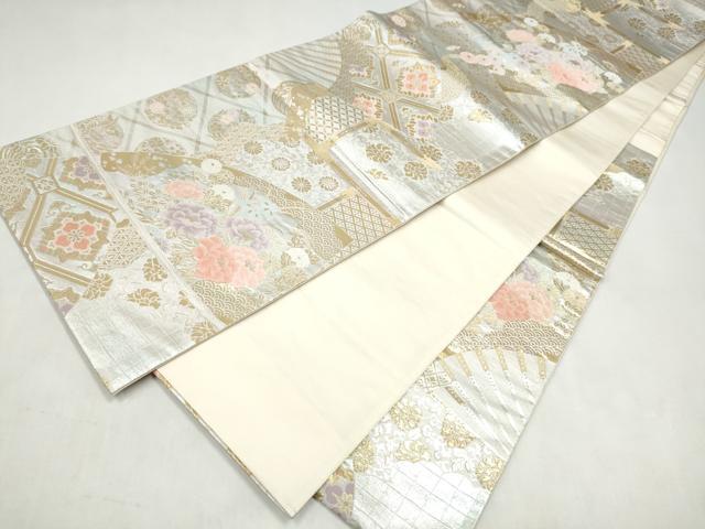 平和屋本店▼六通柄袋帯 扇面草花文 純金二重箔 正絹 逸品 CABL4897hy