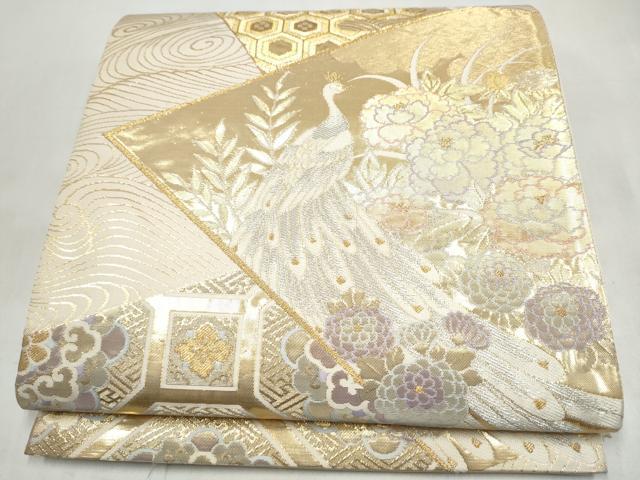 平和屋本店▼六通柄袋帯 切嵌孔雀花文 純金箔 正絹 逸品 CABL4917hy