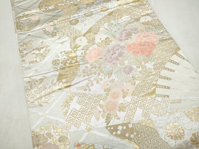 平和屋本店▼六通柄袋帯 扇面草花文 純金二重箔 正絹 逸品 CABL4897hy