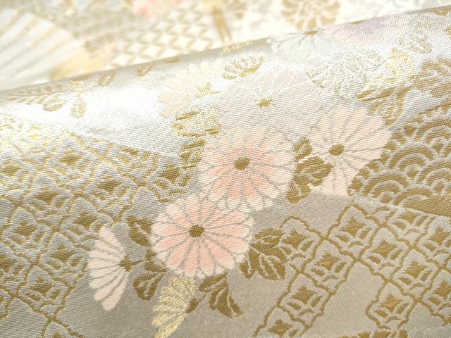 平和屋本店▼六通柄袋帯 扇面草花文 純金二重箔 正絹 逸品 CABL4897hy