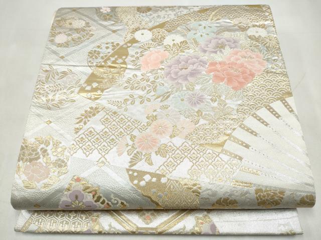 平和屋本店▼六通柄袋帯 扇面草花文 純金二重箔 正絹 逸品 CABL4897hy