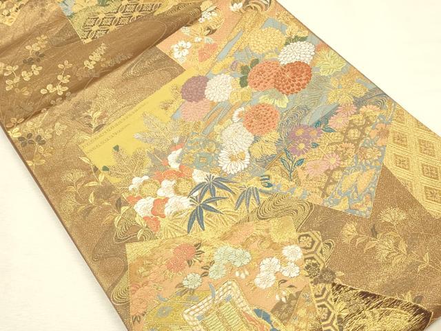 平和屋本店▼六通柄袋帯 唐織 御所車色紙花文 本金箔 正絹 逸品 DABI5782op