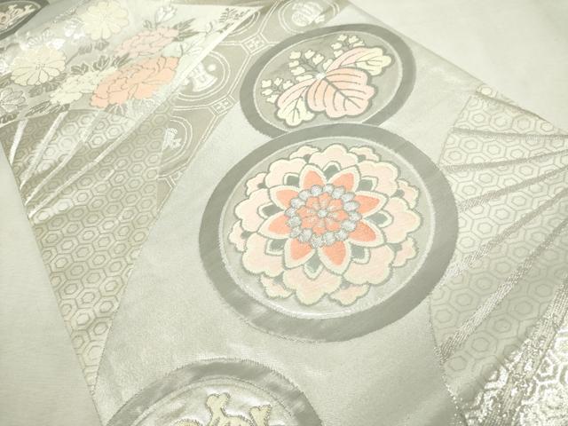 平和屋着物◎六通柄袋帯 唐織 扇面花蝶文 銀糸 正絹 逸品 DABJ4209cd