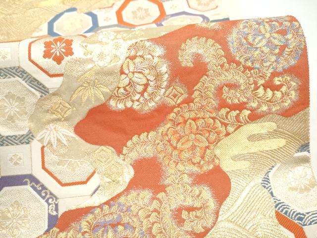 平和屋本店▼六通柄袋帯 流水吉祥花文 九百錦純金箔24K 正絹 逸品 CABL5038hy