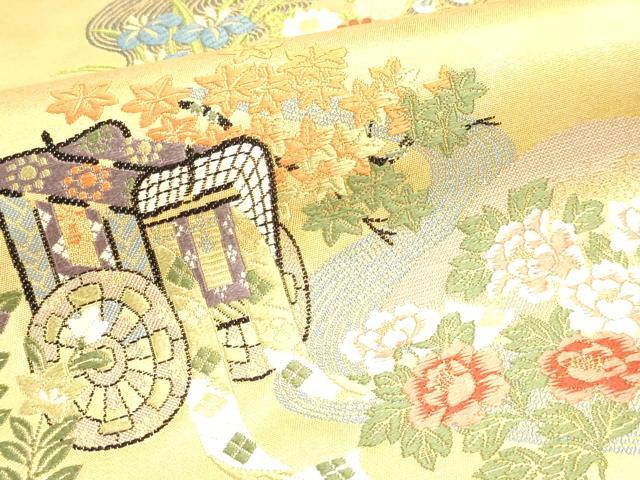 平和屋着物▼太鼓柄袋帯 孔雀花文 沈金箔 正絹 逸品 DABJ6010sf