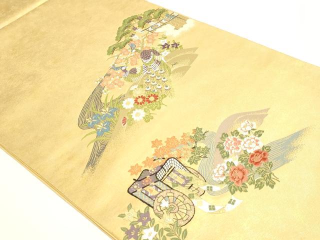 平和屋着物▼太鼓柄袋帯 孔雀花文 沈金箔 正絹 逸品 DABJ6010sf