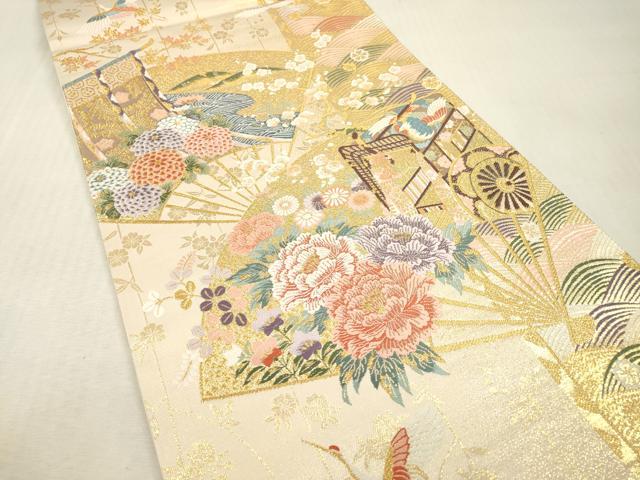 平和屋本店▼六通柄袋帯 唐織 瑞波吉祥扇 本金箔 正絹 逸品 未使用 DABI7879fe