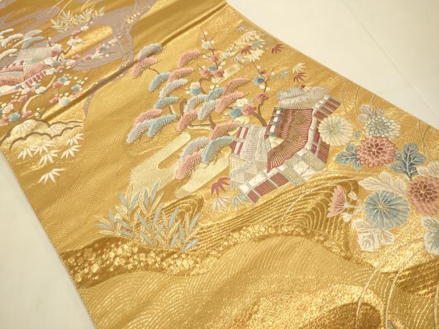 平和屋本店▼六通柄袋帯 風景花文 九百錦 純金箔 正絹 逸品 DABJ3997du